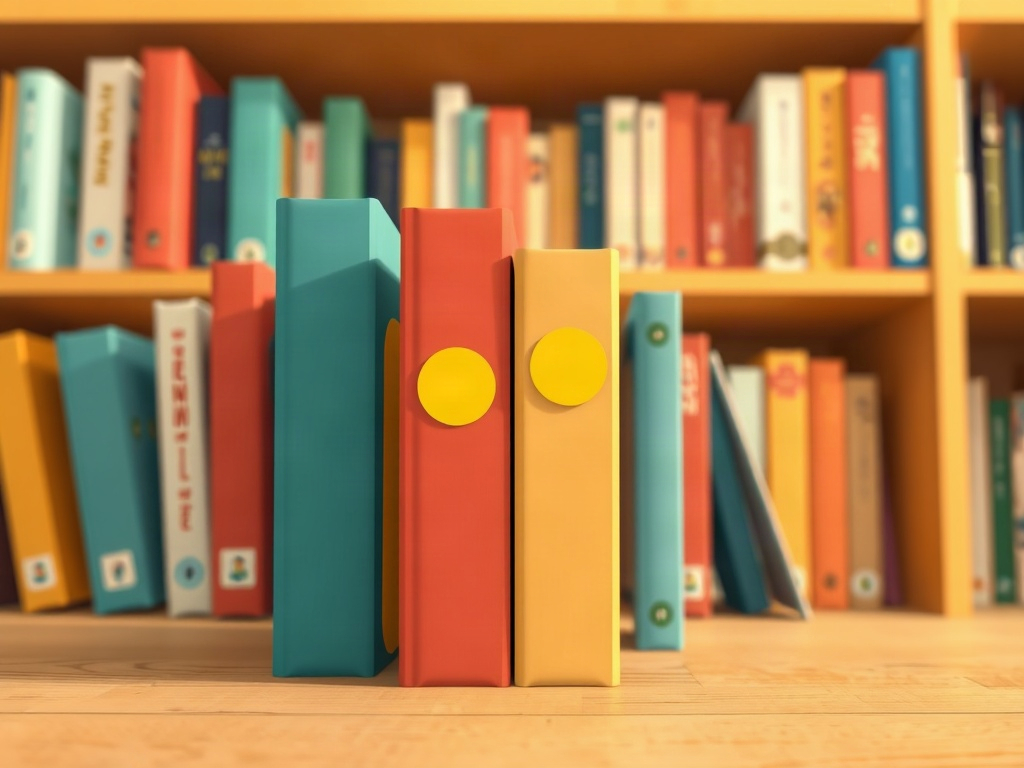 Два детски рафта с книги, на които се виждат две книги с еднакви жълти кръгли лепенки една до друга, докато останалите имат различни цветове.