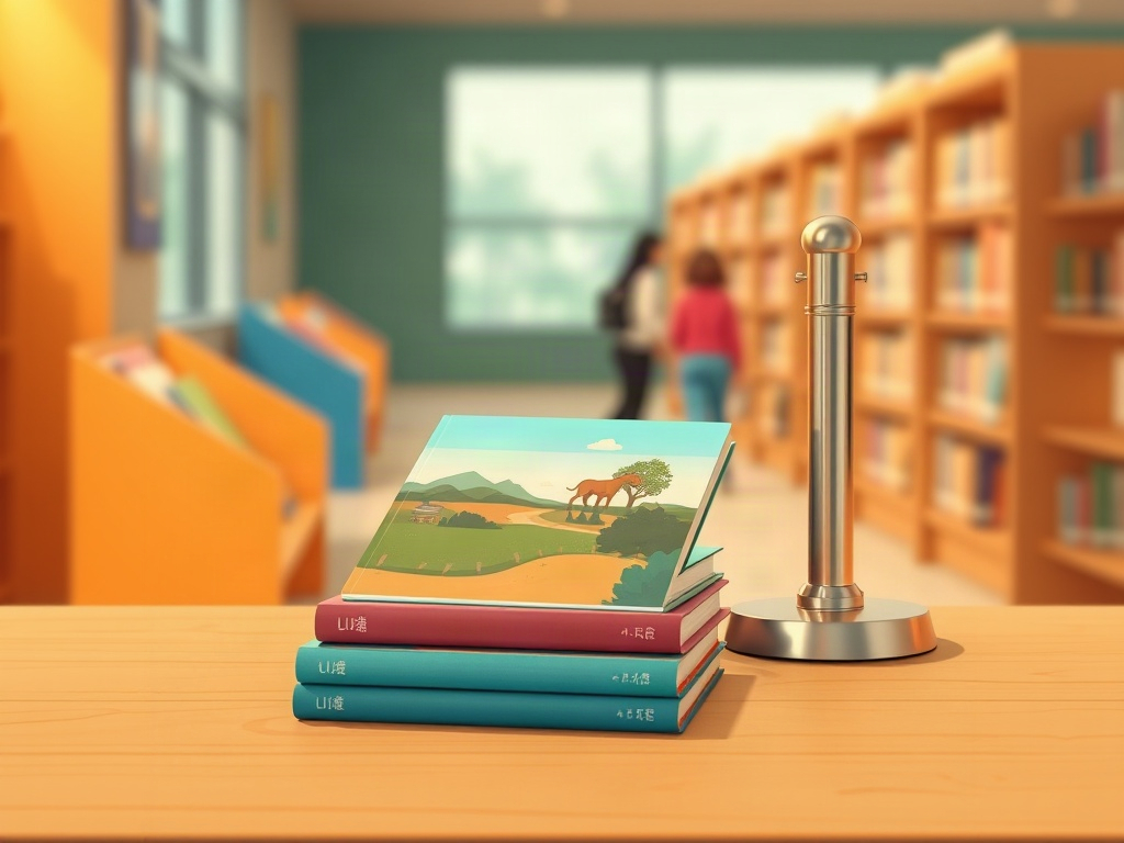 Купчина от три книги, оставени на дървено гише в библиотека, до колан за опашка, готови да бъдат върнати.