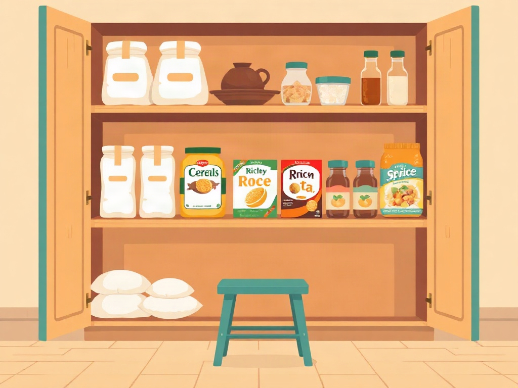Отворен кухненски шкаф с рафтове, подредени по тежест и височина, и столче пред него.
