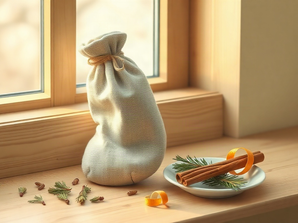 Малка вързана торбичка от чорап, пълна със сухи борови иглички, до нея чинийка с иглички, парче портокалова кора и пръчка канела на прозорец.