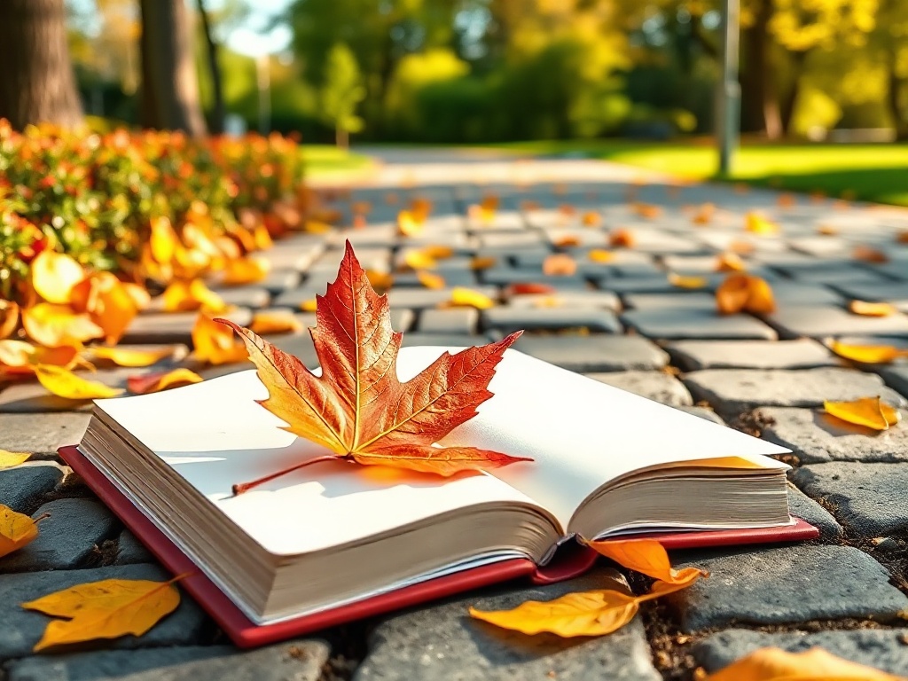 Ъгълът на разтворена книга, допрян до острия връх на кленов лист върху алея с есенни листа.